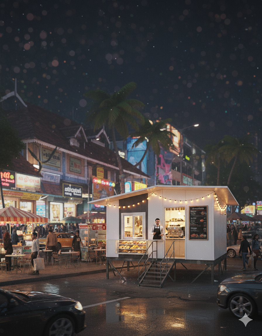 A prefabricated restaurant with outdoor seating and a welcoming facade.