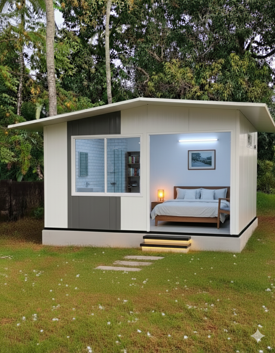 A prefabricated restaurant with outdoor seating and a welcoming facade.
