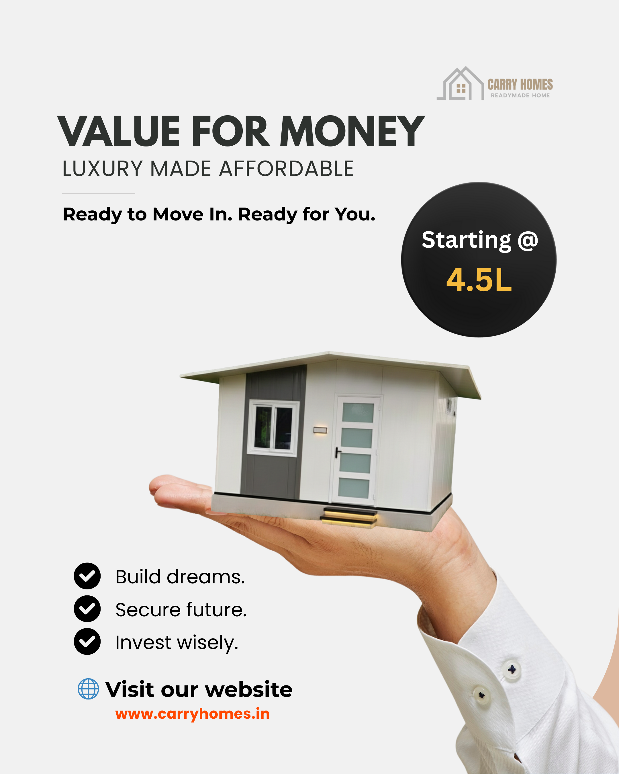 A small prefabricated home with a porch, ideal as a guest house or a compact family home.