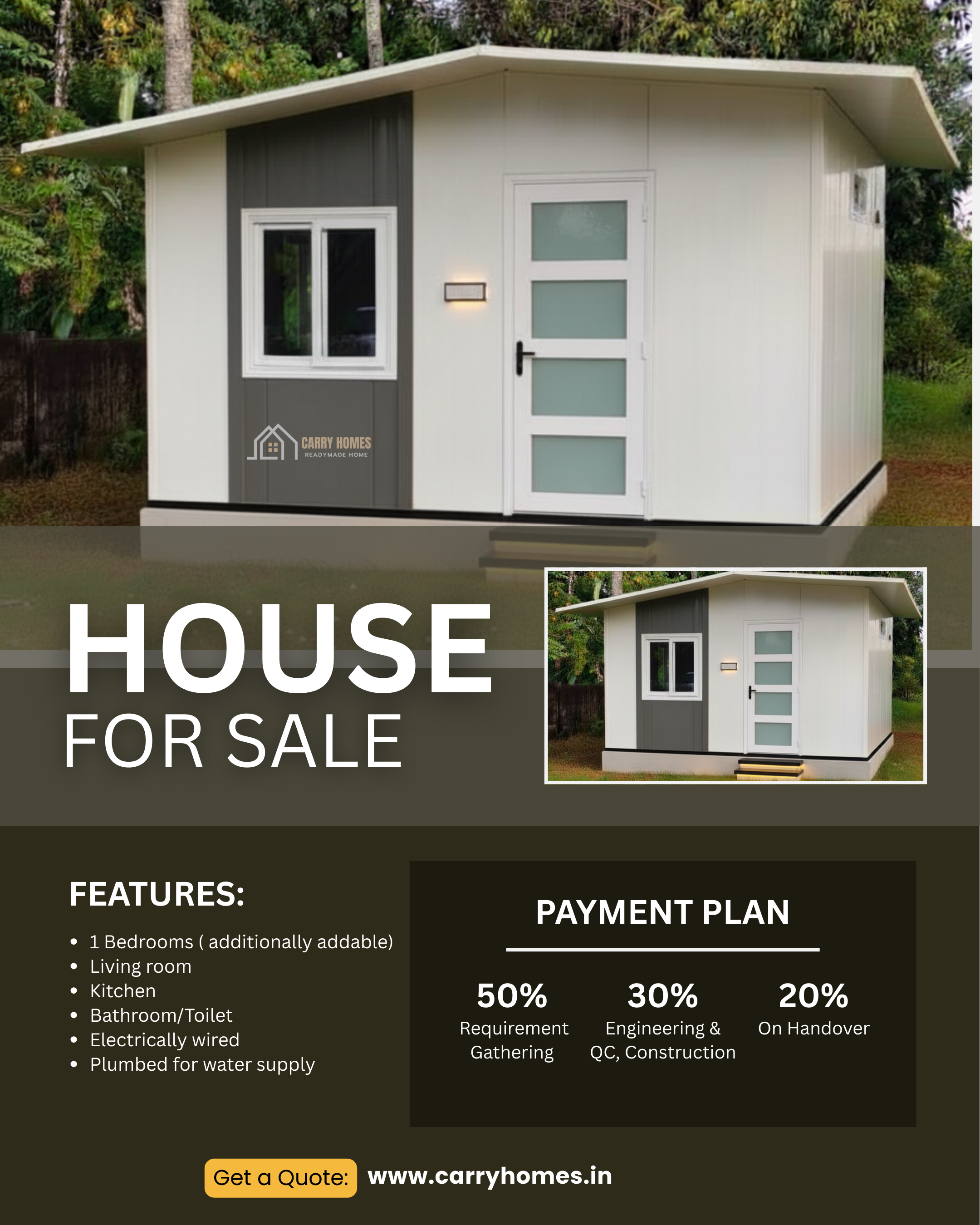 A small prefabricated home with a porch, ideal as a guest house or a compact family home.