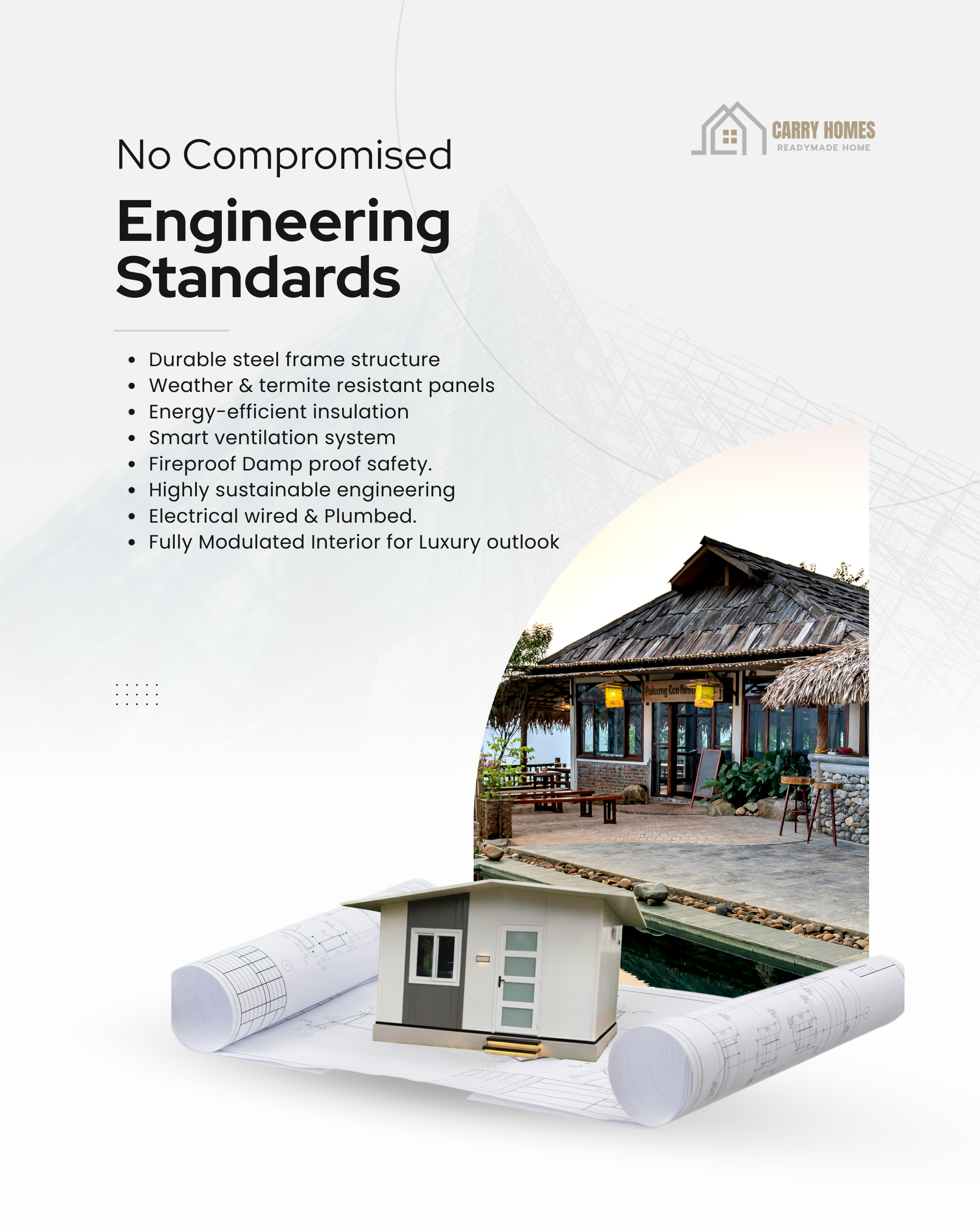 A small prefabricated home with a porch, ideal as a guest house or a compact family home.