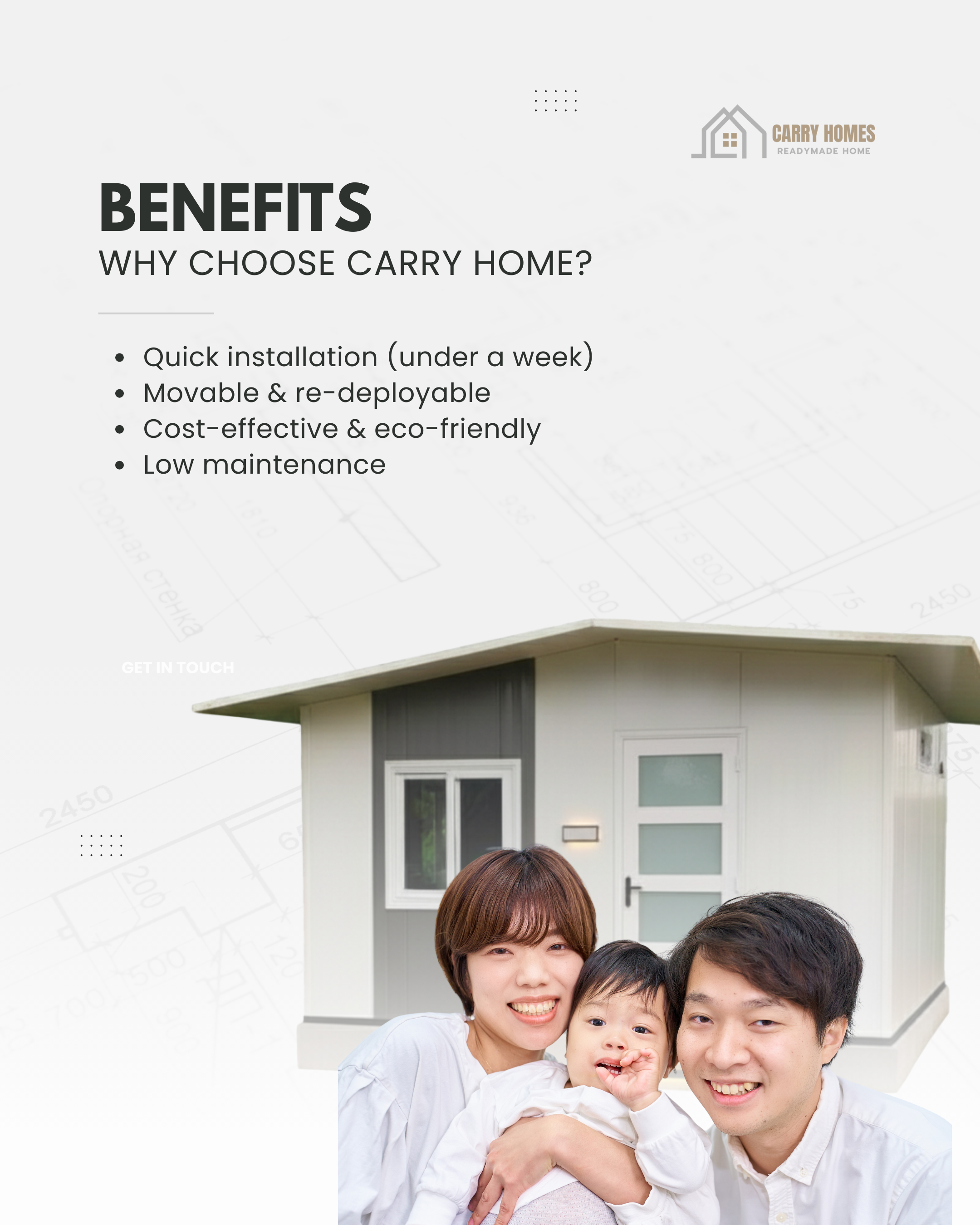 A small prefabricated home with a porch, ideal as a guest house or a compact family home.